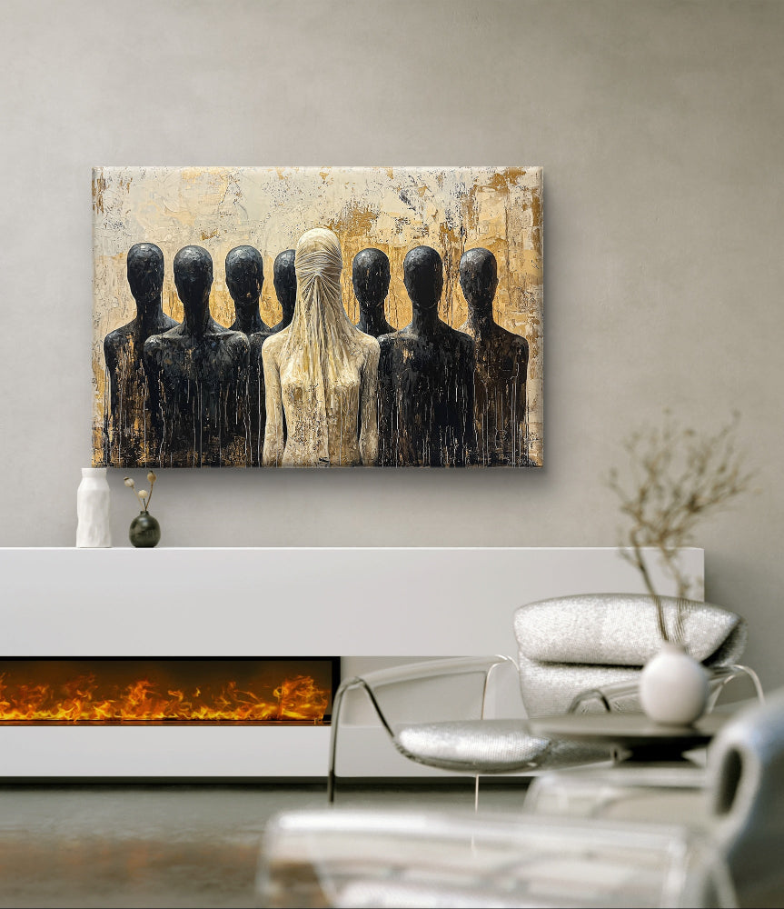 Wanddecoratie op canvas, de stilte van het oordeel boven een wit dressoir