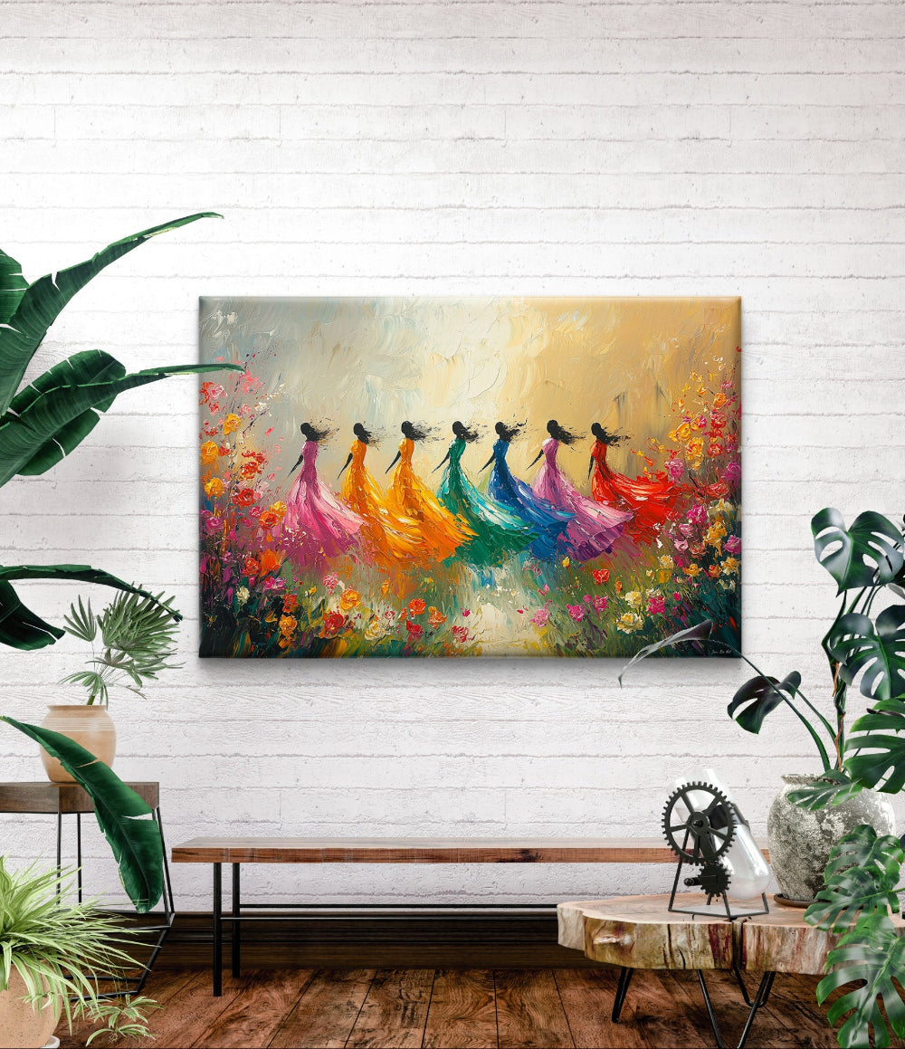 wanddecoratie van pixure art. Dans van de lente. Schilderij op witte muur