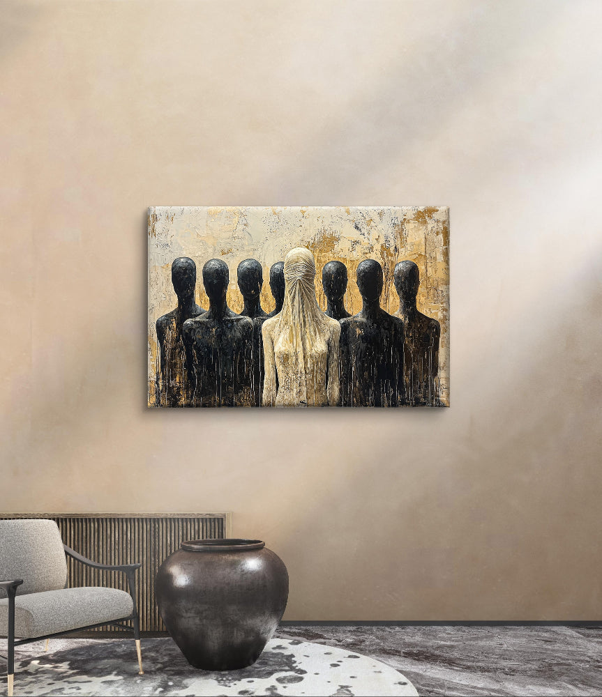 wanddecoratie op canvas op een beige wand, groot schilderij verkrijgbaar in diverse afmetinge