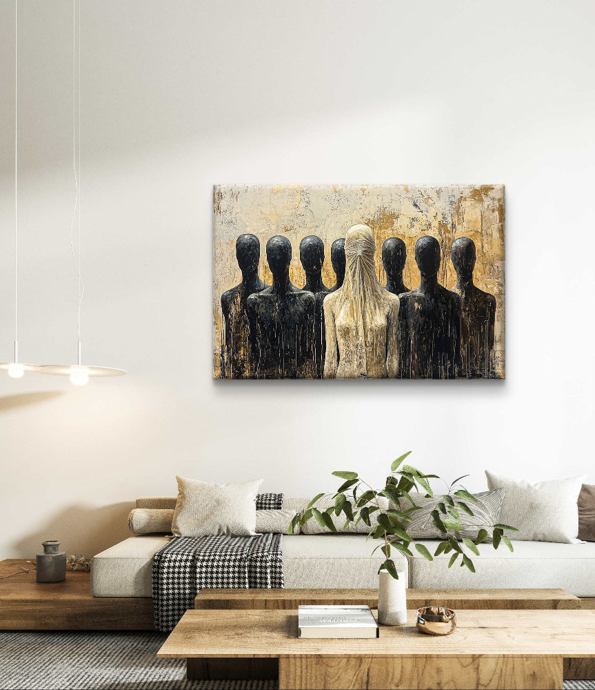 wanddecoratie op canvas de stilte van het oordeel boven een zitbank