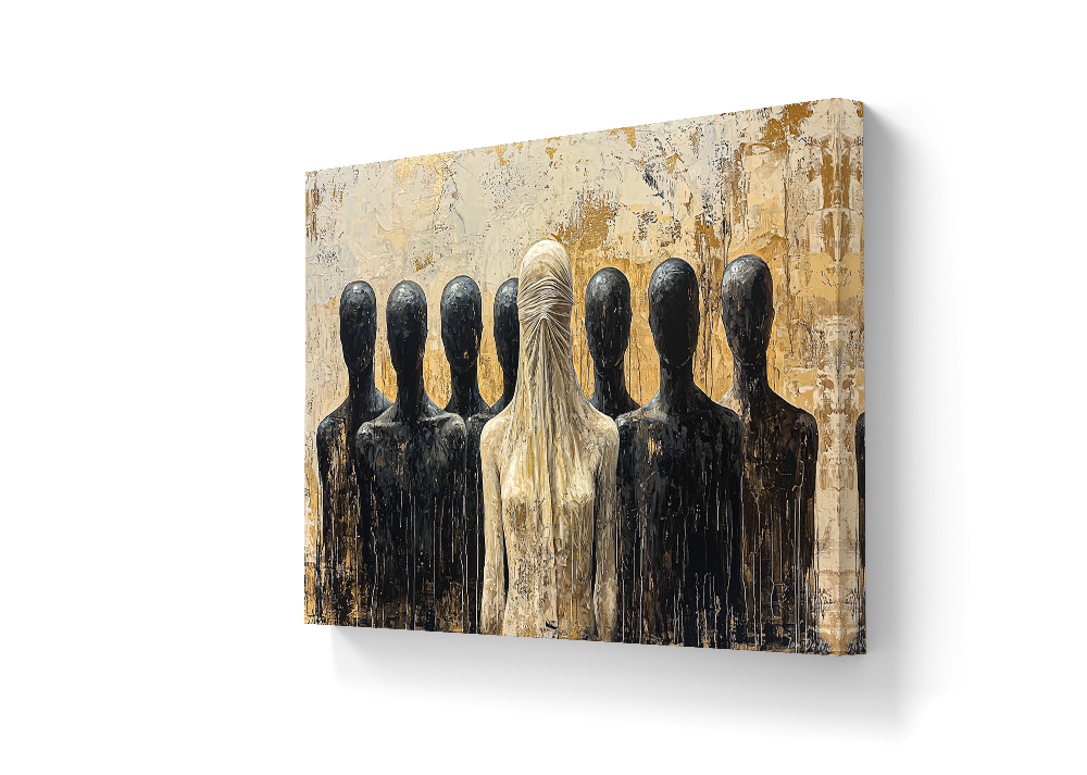prachtige wanddecoratie op canvas met goude tinten. In de stilte van het oordeel