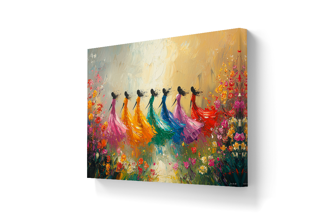 3D weergave van wanddecoratie op canvas. Dit exclusieve kunstwerk heet Dans van de Lente