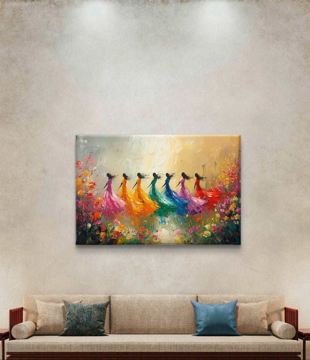exclusieve kustwerken op canvas. Dans van de lente met bloemen en kleuren