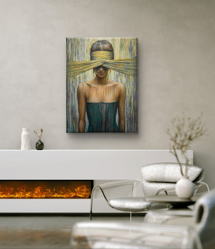wanddecoratie verhuld zicht op canvas boven een witte kast
