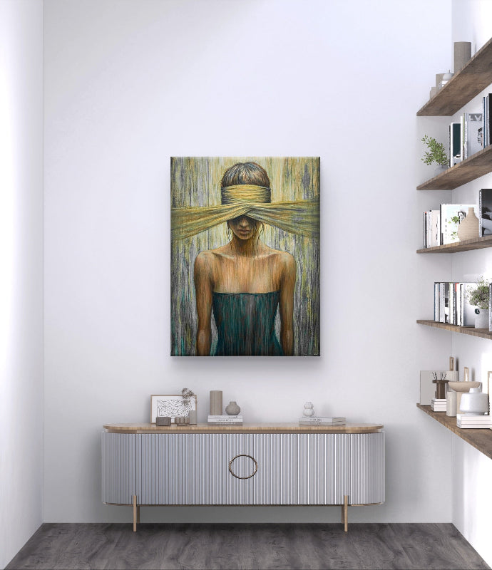 wanddecoratie verhuld zicht op canvas in een moderne stetting