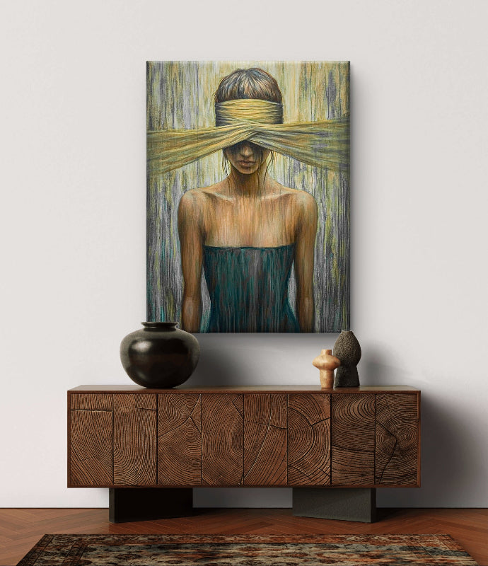 Exclusief kunstwerk. een wanddecoratie boven een bruine moderne kast