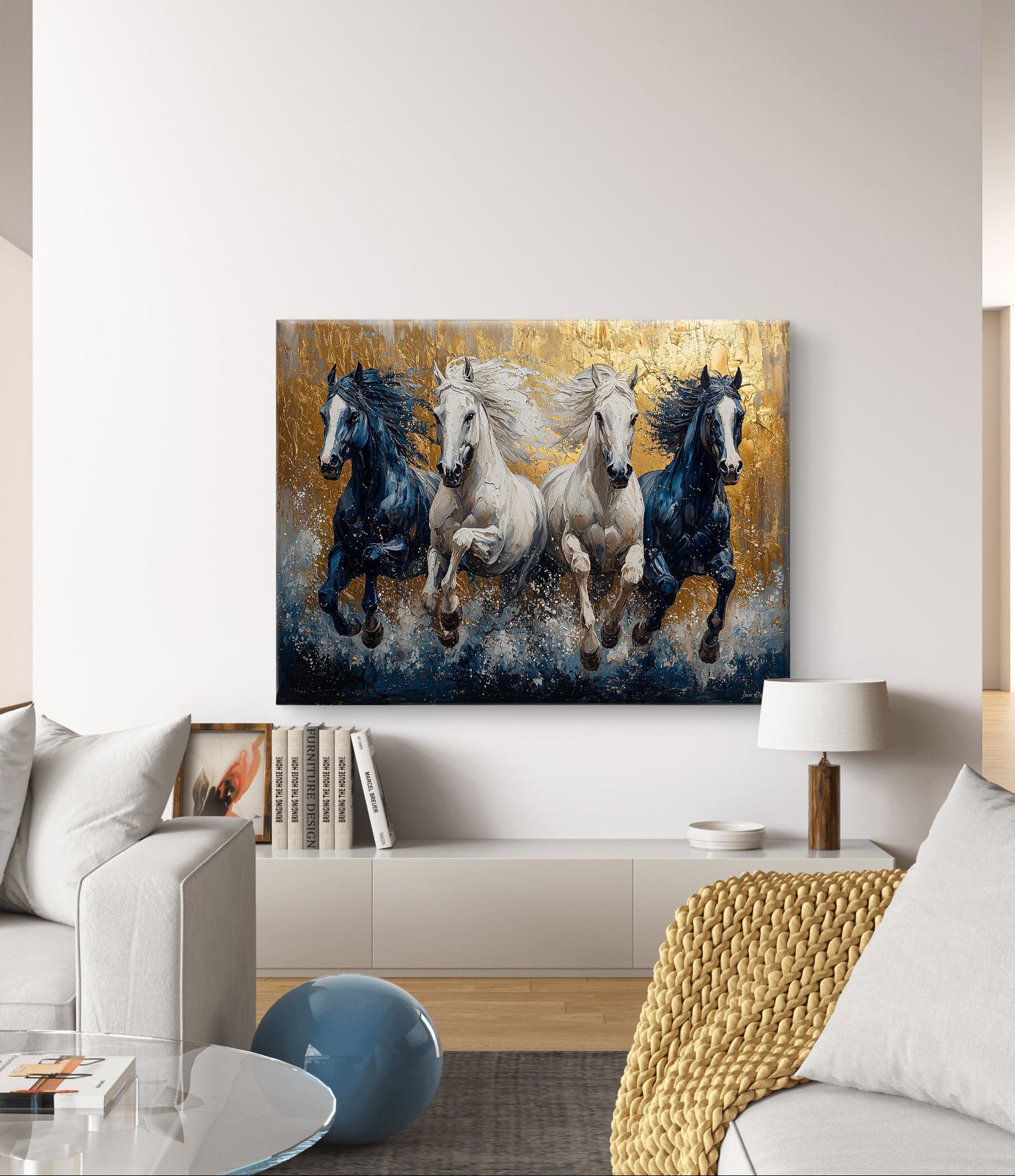 Wanddecoratie op canvas met paarden in gallop. Exclusief kunstwerk van pixure art Lanaken