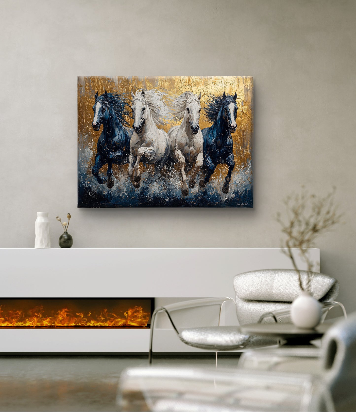 Schilderij met paarden in gallop boven een wit dressoir. Een exclusief kunstwerk dat te koop is bij pixure art in Lanaken België