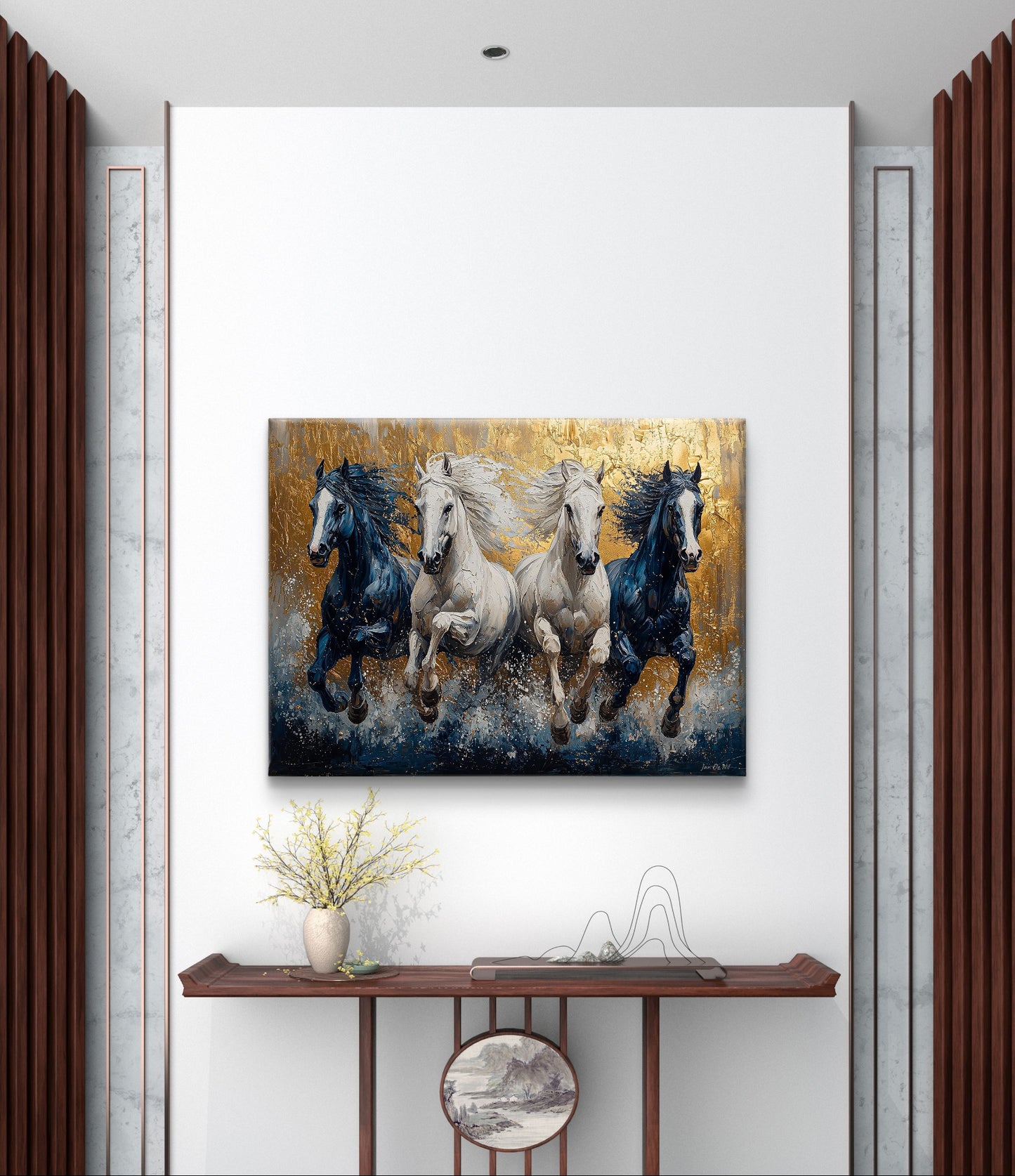 Schilderij op canvas van paarden in gallop die rennen door het water. Exclusieve kunst in Lanaken te koop bij pixure art