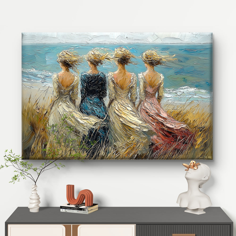 
                      
                        Een canvas waarop vier vrouwelijke figuren staan afgebeeld die samen de wind trotseren aan zee 
                      
                    