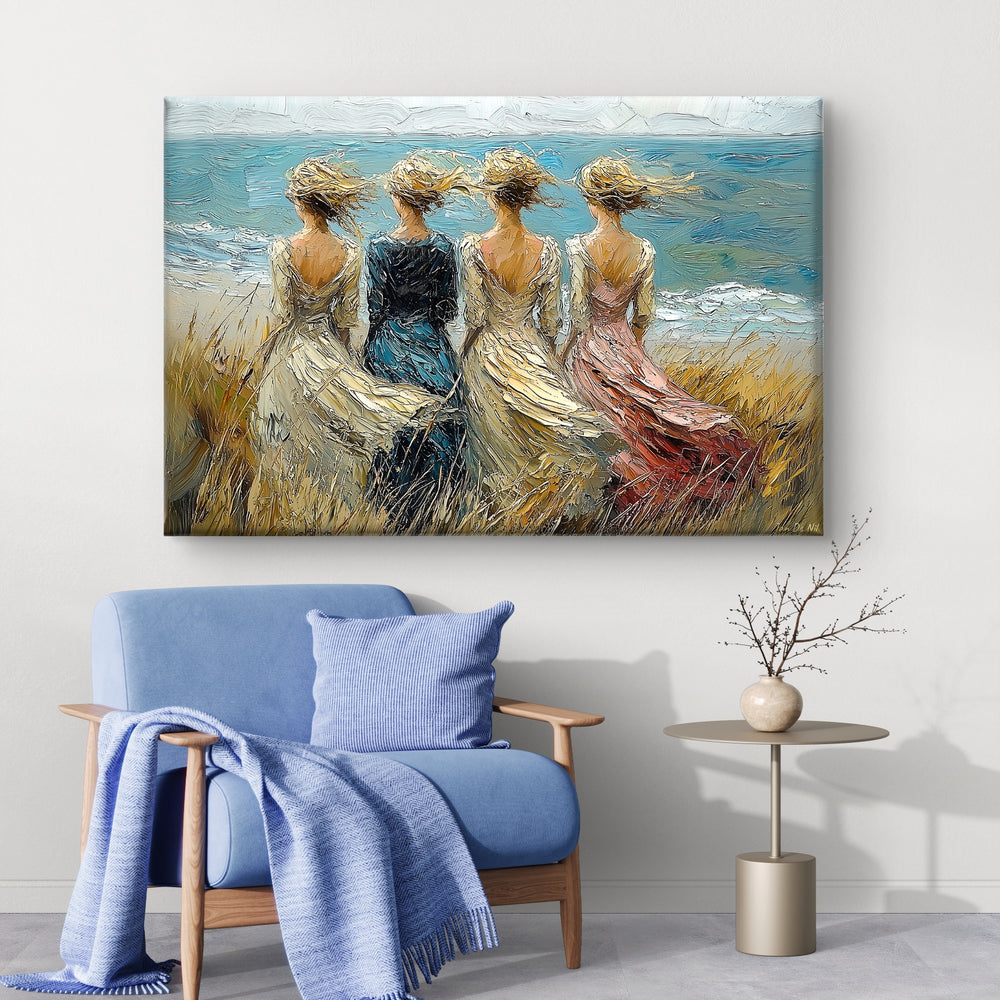 
                      
                        Een canvas waarop vier vrouwelijke figuren afgebeeld staan. Zij trotseren de stormachtige wind aan zee . Een kunstwerk dat ontworpen is door digitaal kunstenaar Jan De Nil en verkrijgbaar is bij pixure art 
                      
                    