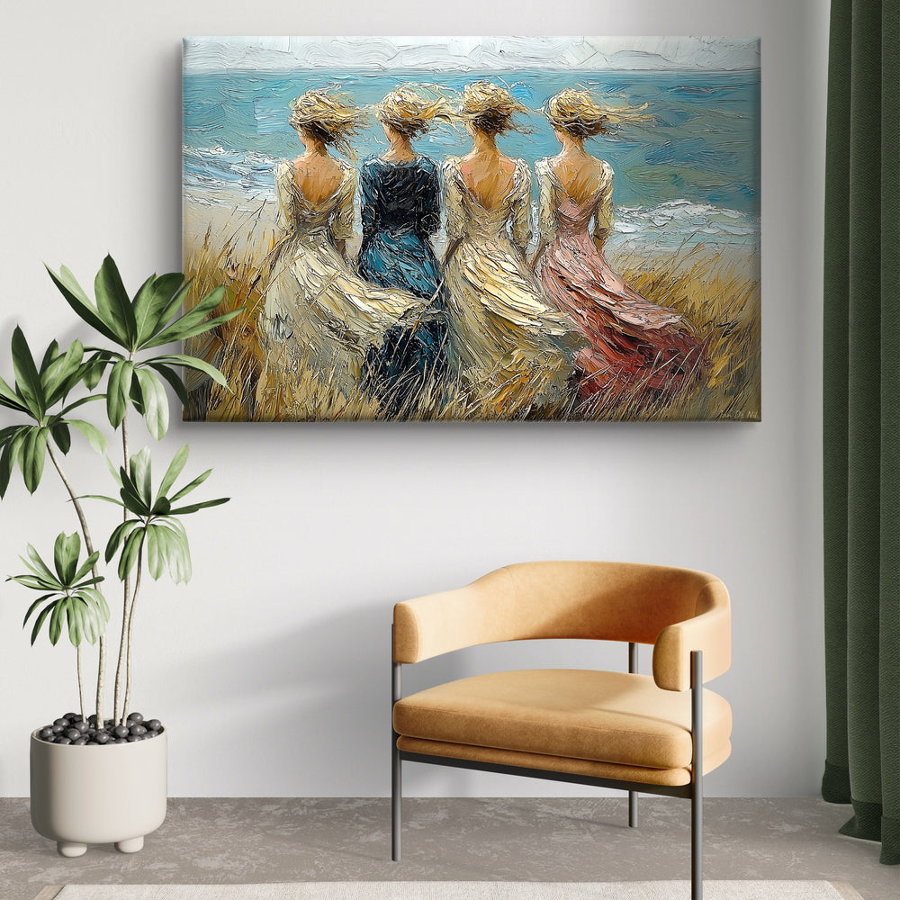
                      
                        Kunstwerk op canvas . De Zee , Het strand en vier meisjes die de wind trotseren 
                      
                    