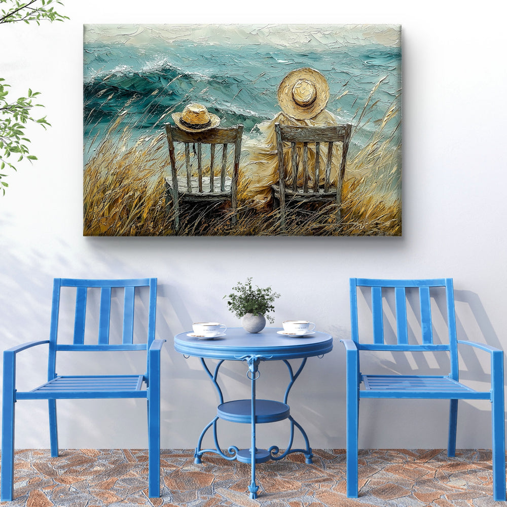 
                      
                        Een woelige zee. Twee strandstoelen waarvan 1 leeg is. Een herinnering aan vervlogen tijden
                      
                    
