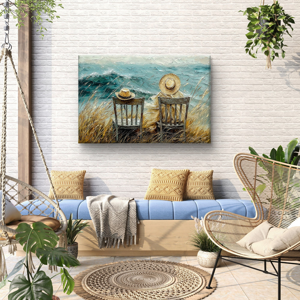 
                      
                        Een ruwe zee en twee stoelen waarvan 1 leeg is. Een gemis , een herinnering. Dit canvas is unieke creatie van Jan De Nil en exclusief verkrijgbaar bij Pixure Art 
                      
                    