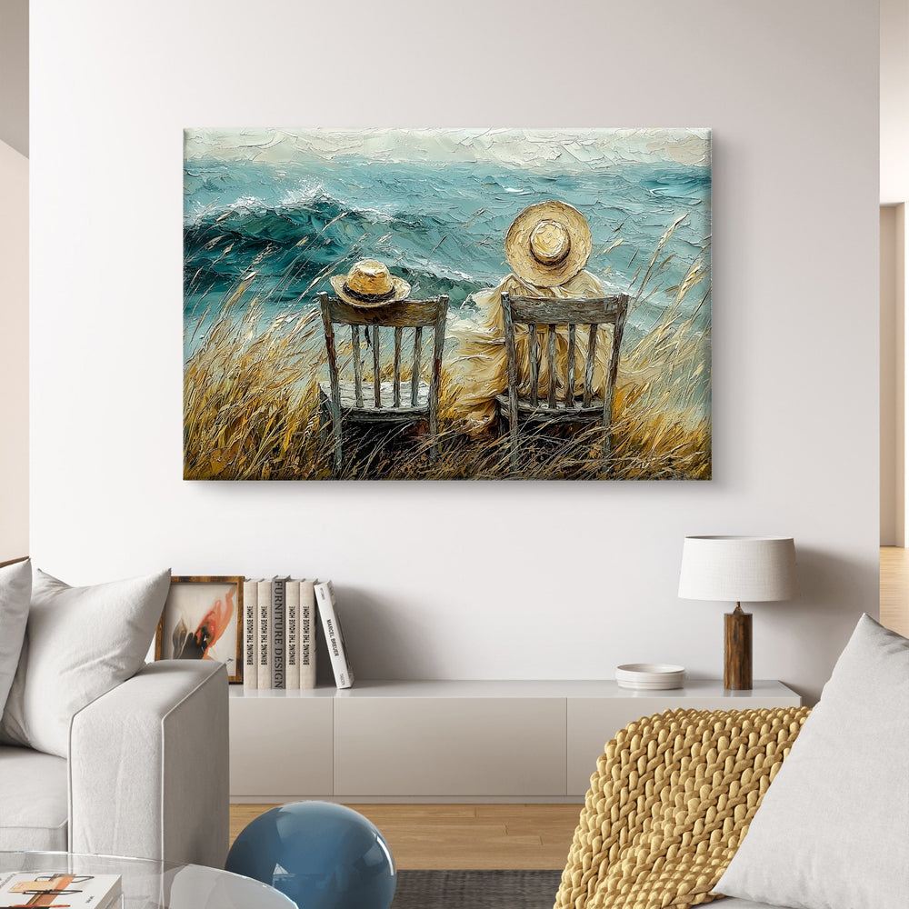 
                      
                        Een canvas met een afbeelding van een ruwe zee en twee strandstoelen waarvan 1 leeg is. Het staat symbool voor leegte en gemis. Dit werk is ontworpen door Jan De Nil en het is alleen verkijgbaar bij Pixure Art 
                      
                    