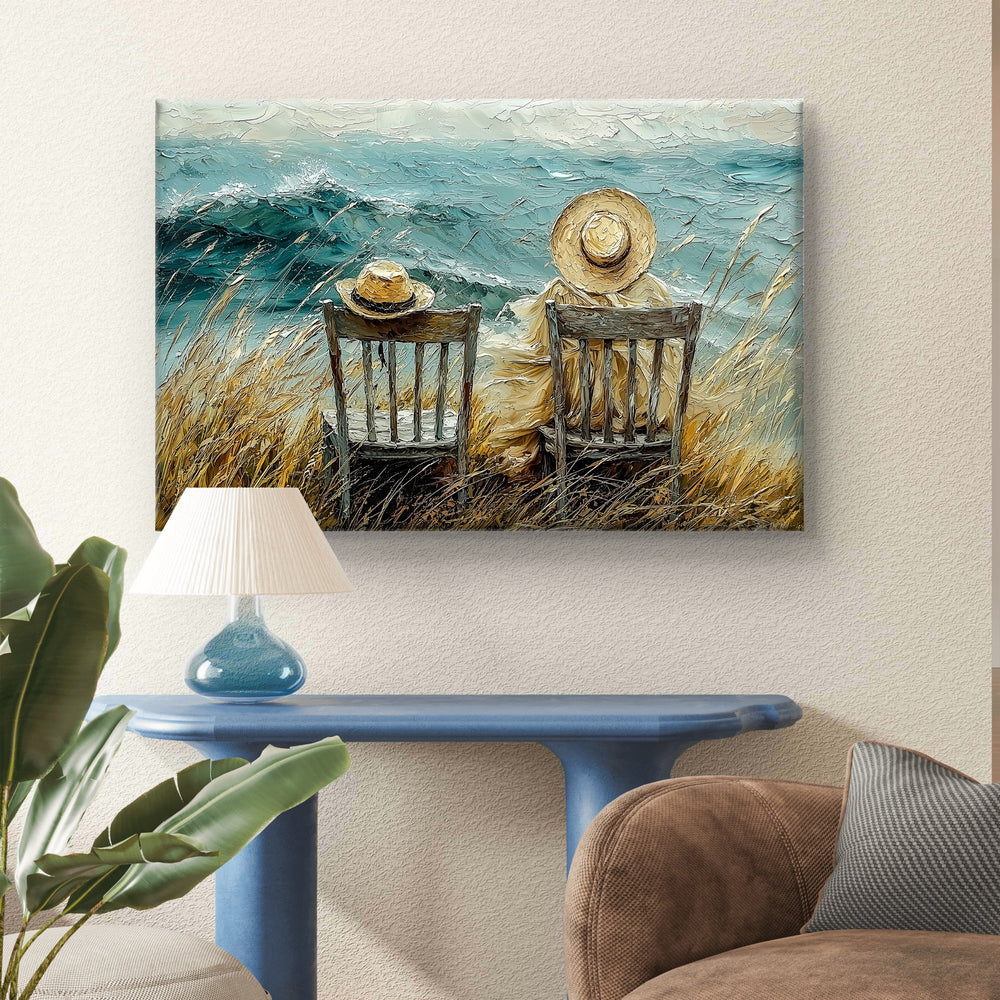 
                      
                        Een kunstwerk op canvas dat ontworpen is door Jan De Nil en exclusief verkrijgbaar is bij Pixure Art in Lanaken. Er staat een ruwe zee afgebeeld met twee strandstoelen waarvan 1 leeg is. Het werk staat symbool voor een gemis en een herinnering
                      
                    