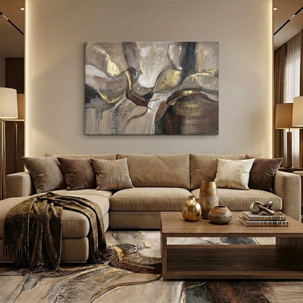 Stille Harmonie – Abstract Schilderij in Neutrale Tinten met Goudaccenten - Pixure Art