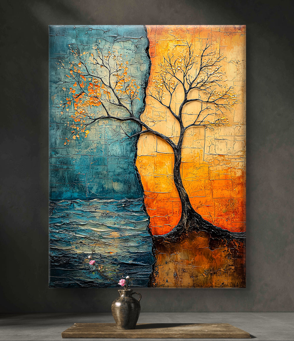 canvas boom water en vuur kunstwerk