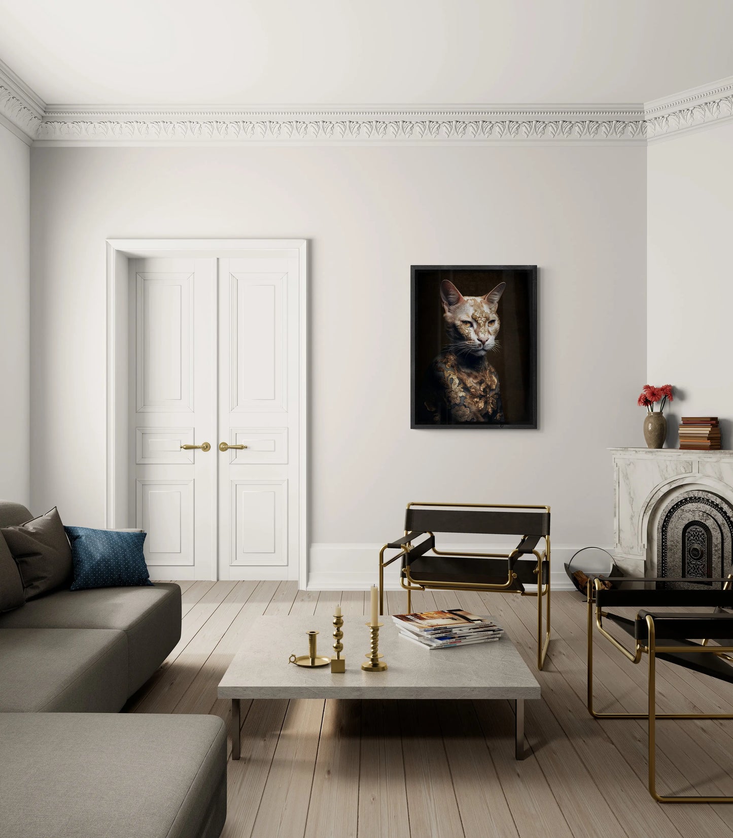 Feline Mystique – Die Katze in Gold – Leinwand 120 cm x 75 cm