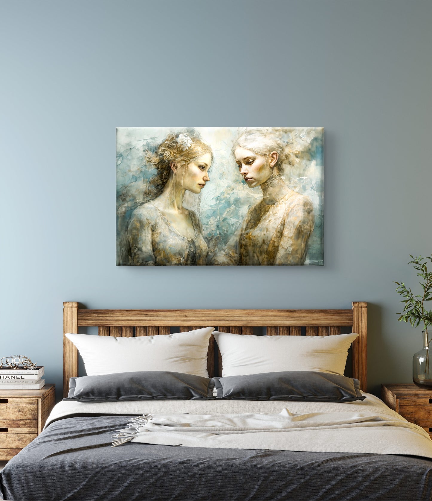 Canvas muurdecoratie boven bed