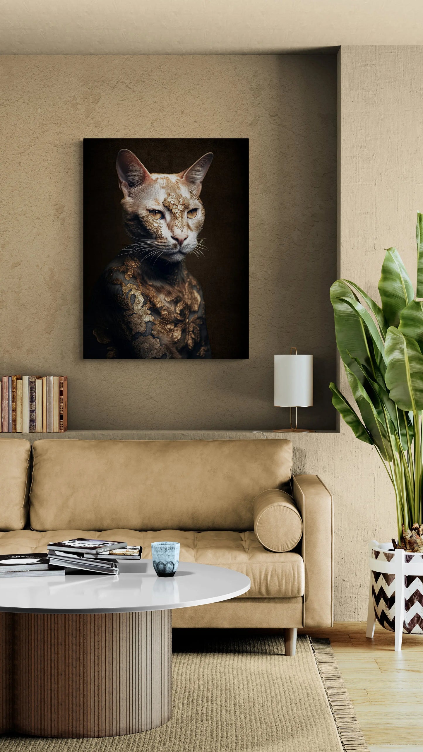 Feline Mystique – Die Katze in Gold – Leinwand 120 cm x 75 cm