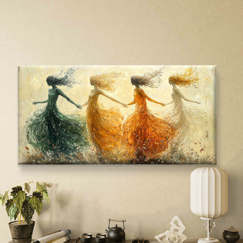 
                      
                        Wanddecoratie op canvas de dans van de vier seizoenen in een oosters getint interieur
                      
                    