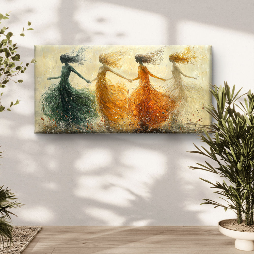 
                      
                        wanddecoratie op canvas de dans van de vier seizoenen op een witte muur
                      
                    
