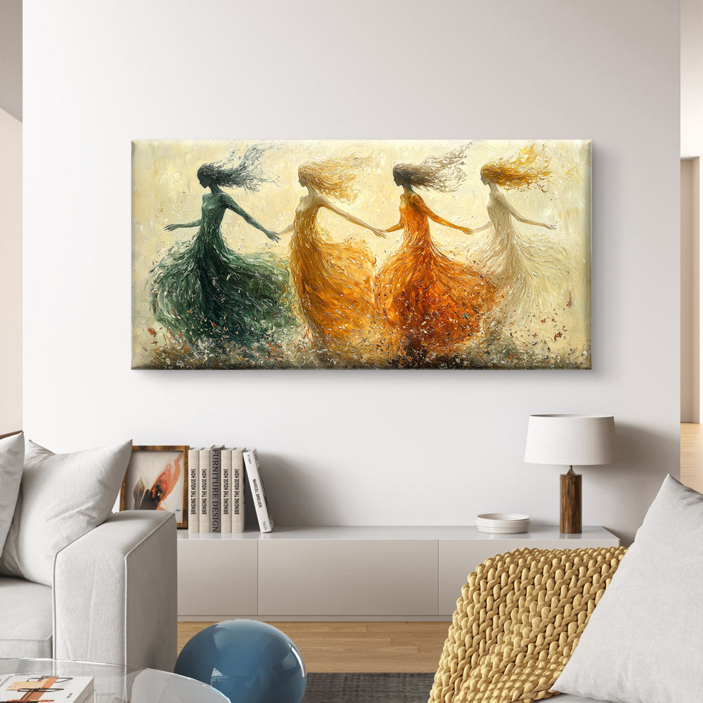 
                      
                        Wanddecoratie op canvas de dans van de vier seizoenen in een wit interieur
                      
                    