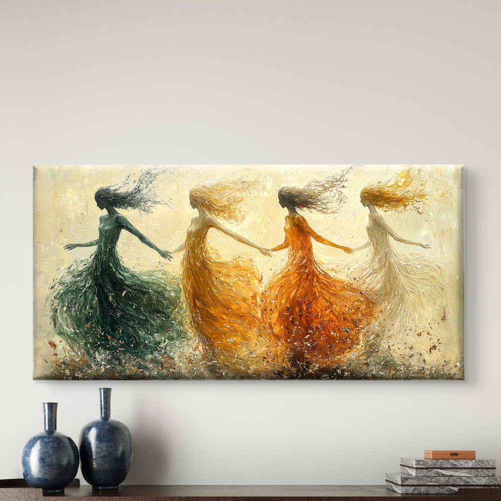 
                      
                        wanddecoratie de dans van de vier seizoenen op een witte uur met een beige onderkast
                      
                    