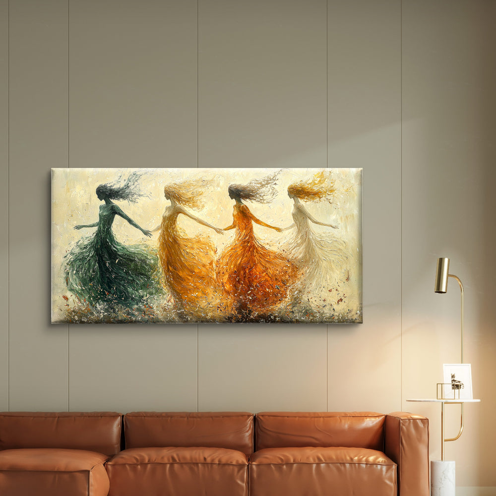
                      
                        Wanddecoratie op canvas boven een bruin salon
                      
                    