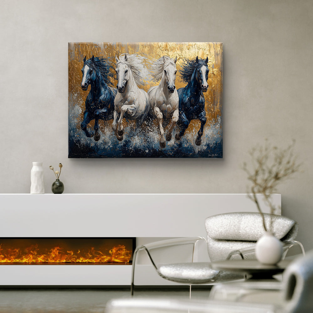 
                      
                        Schilderij met paarden in gallop boven een wit dressoir. Een exclusief kunstwerk dat te koop is bij pixure art in  Lanaken België
                      
                    