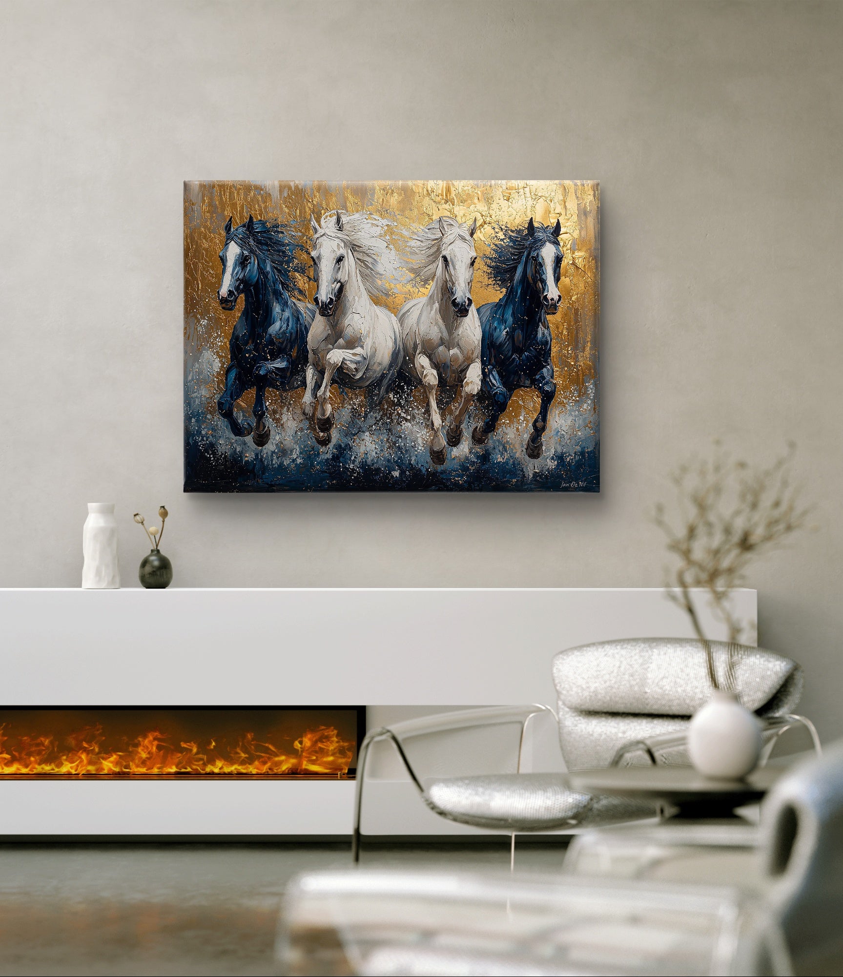 Schilderij met paarden in gallop boven een wit dressoir. Een exclusief kunstwerk dat te koop is bij pixure art in  Lanaken België