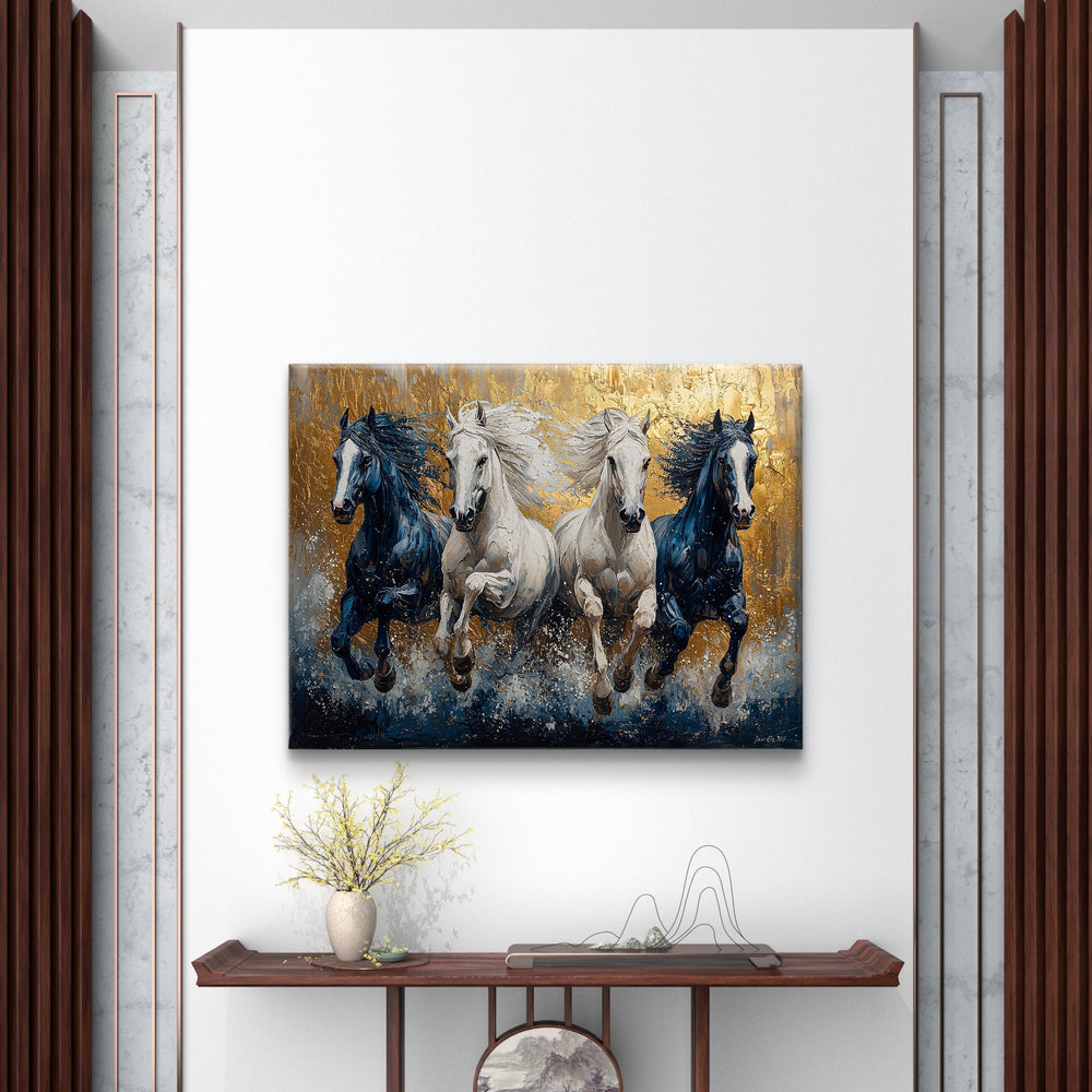
                      
                        Schilderij op canvas van paarden in gallop die rennen door het water. Exclusieve kunst in Lanaken te koop bij pixure art
                      
                    